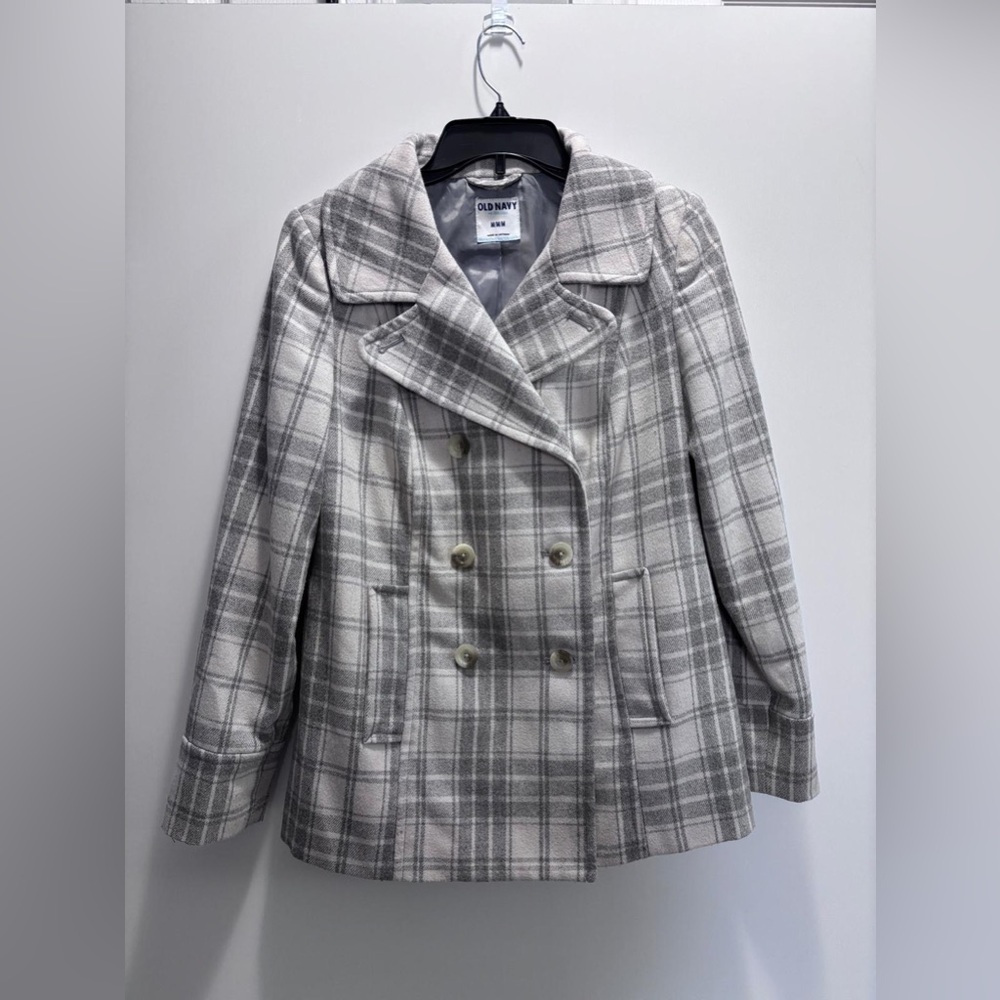 Old Navy‎ Light Gray Plaid Double-Breasted Peacoat